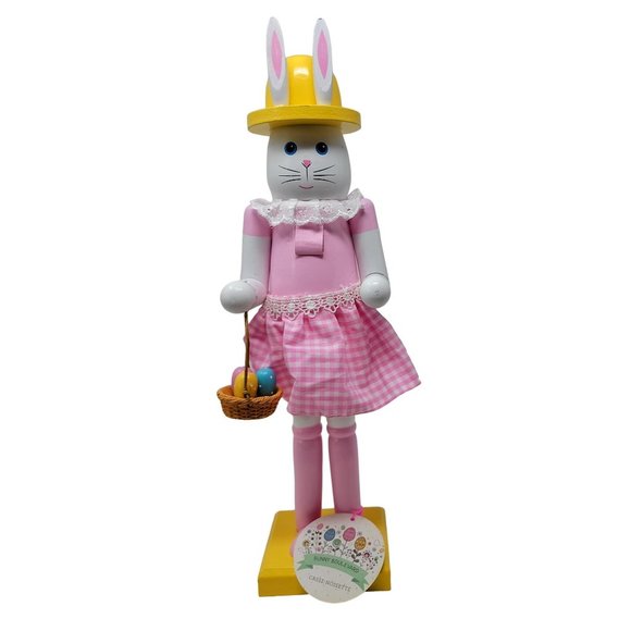 Easter Bunny 15" Nutcracker Wood Pink Gingham Girl with Basket Rabbit - Picture 1 of 4
